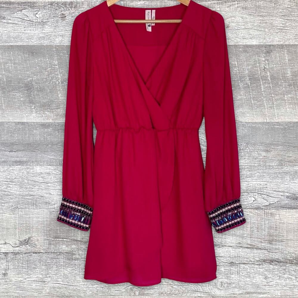 Pink Owl Long Puff Sleeve Mini Dress Womens S Gem Beaded Cuff Fuschia Faux Wrap